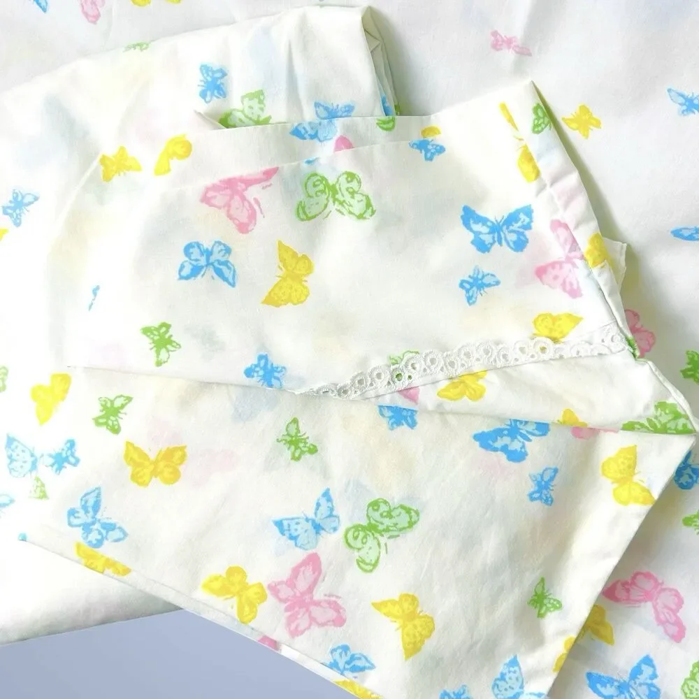 Vintage Dior x Wamsutta 3 Pc Twin Sheet Set Colorful Butterfly Print Delicado 70